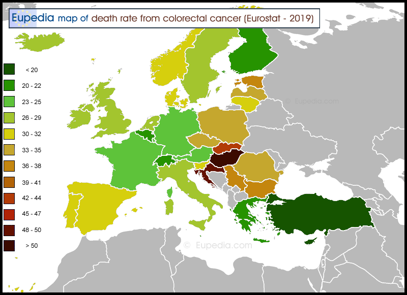 Map of death rate from colorectal cancer per 100,000 people in and around Europe