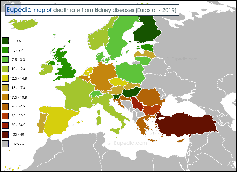 Map of death rate from kidney diseases per 100,000 people in and around Europe