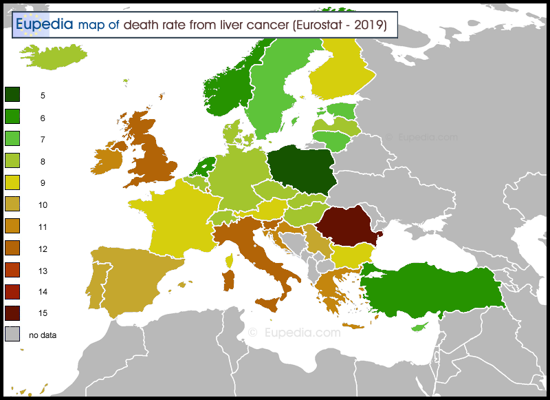 Map of death rate from liver cancer per 100,000 people in and around Europe