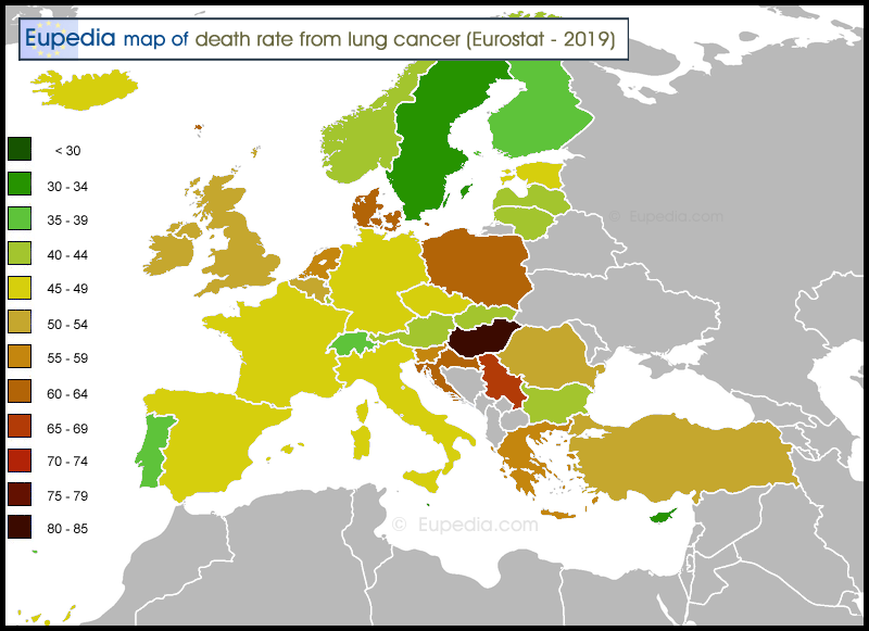 Map of death rate from lung cancer per 100,000 people in and around Europe