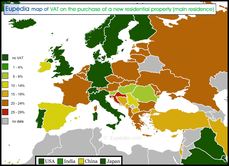 Map showing the VAT rate on the acquisition of a new residential property in and around Europe