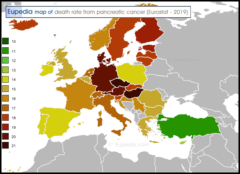 Map of death rate from pancreatic cancer per 100,000 people in and around Europe