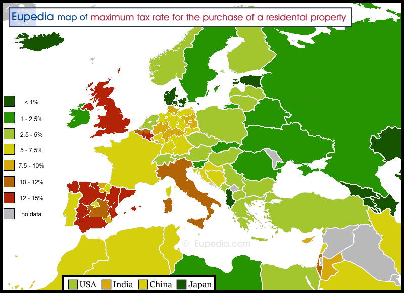 Map of maximum tax rate on the acquisition of a residential property in and around Europe