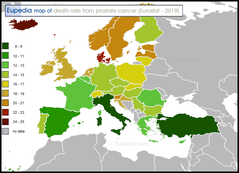Map of death rate from prostate cancer per 100,000 people in and around Europe