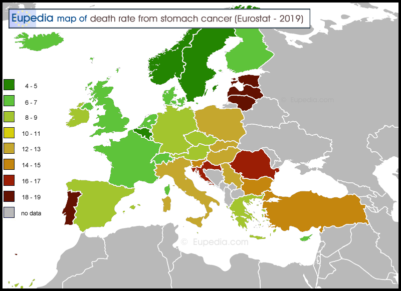 Map of death rate from stomach cancer per 100,000 people in and around Europe