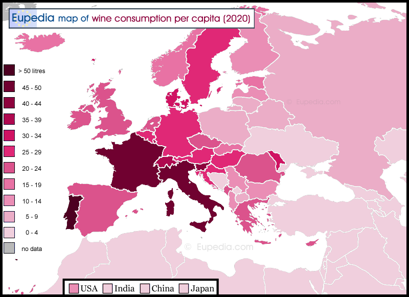 Map of wine consumption per capita per year in and around Europe